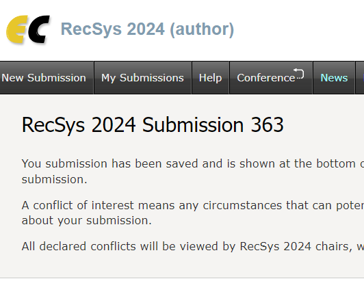 About 2 hours to go until the abstract submission deadline for #recsys2024 full papers approaches; and 360+ submissions have been made so far. What will the acceptance rate be this year? 15%? Good luck to all #recsys authors!