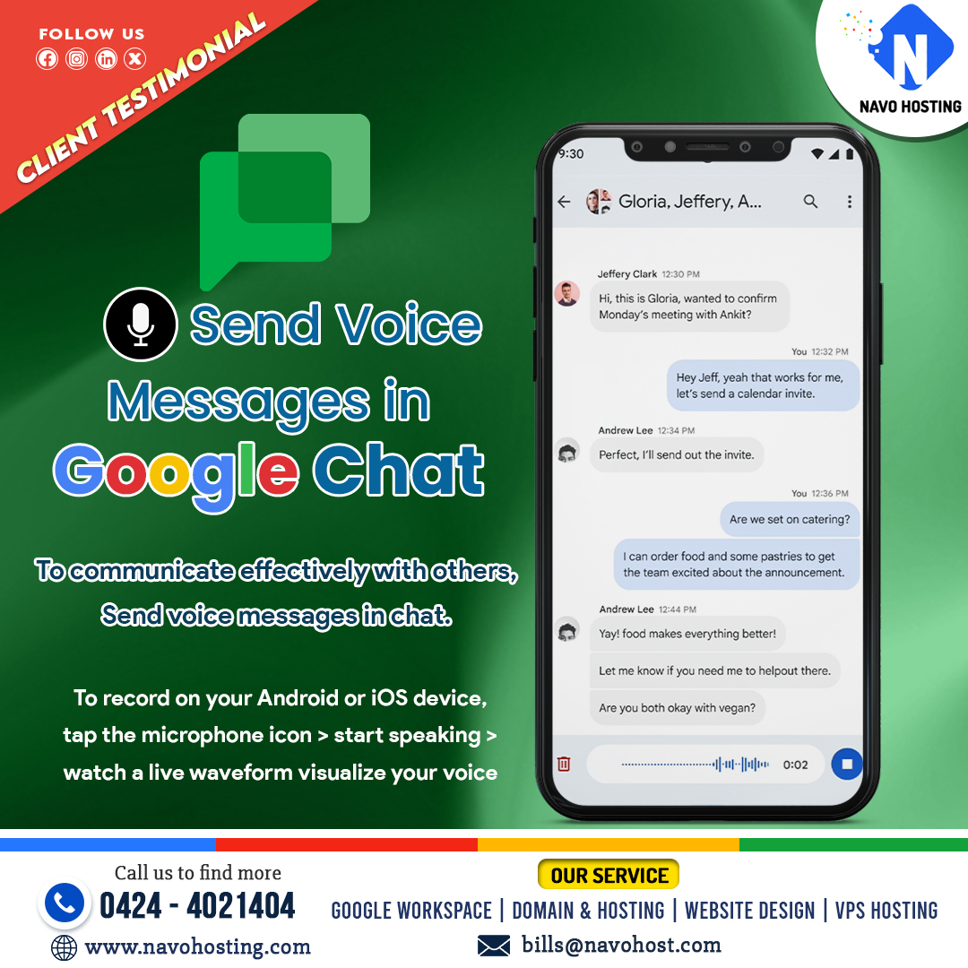 Now Send Voice Messages in Google Chat

navohosting.com/fix-google-cha…
#GoogleWorkspace #GSuite #GoogleDocs #GoogleSheets #googlechat #messages #chat #VoiceMessage #communicate #android #eLearningCourses #sentvoice #sentaudio #livestreaming #communicatebetter #effectively