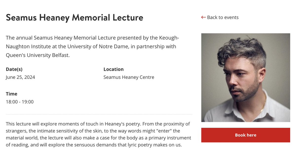 It's a great honour to be asked to give this year's Seamus Heaney Memorial Lecture, in partnership with @HeaneyCentre and @NDIrishStudies. I'll be speaking about Heaney's sense of touch, about how poems touch us, and how we touch the world through poems. qub.ac.uk/events/whats-o…
