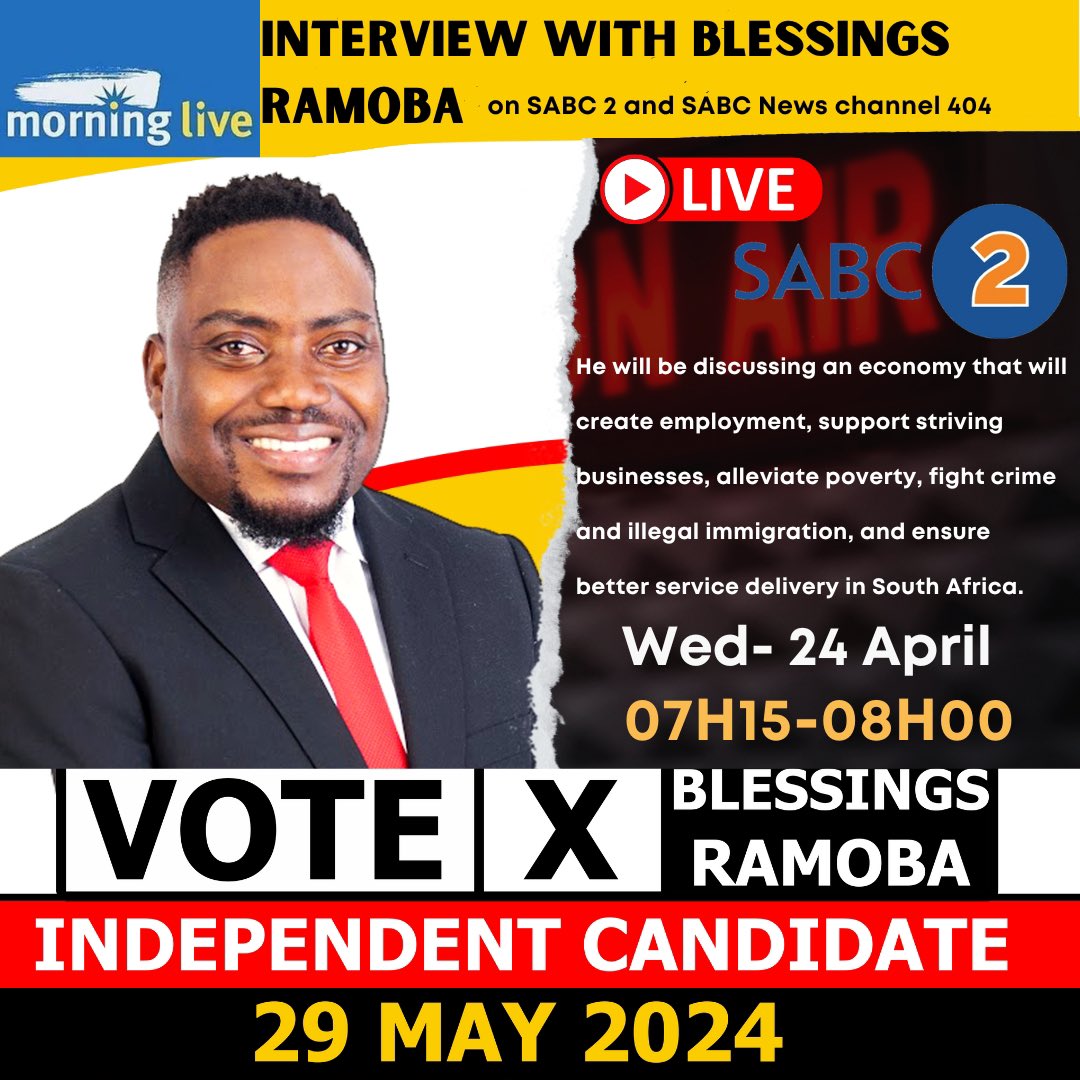 Tune in to SABC 2 and SABC News, Channel 404 on TV, tomorrow at 7:45 PM! As an independent candidate, I'm eager to share our vision for the coming elections. Let's shape our future together! #VoteForBlessingsRamoba