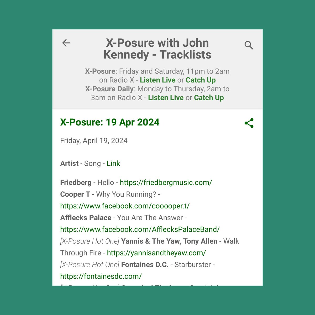 Love to @JohnKennedy for giving YOU ARE THE ANSWER a spin on @RadioX on Friday night. We’re in good company, give his show a listen using the link below ⬇️ globalplayer.com/catchup/radiox…