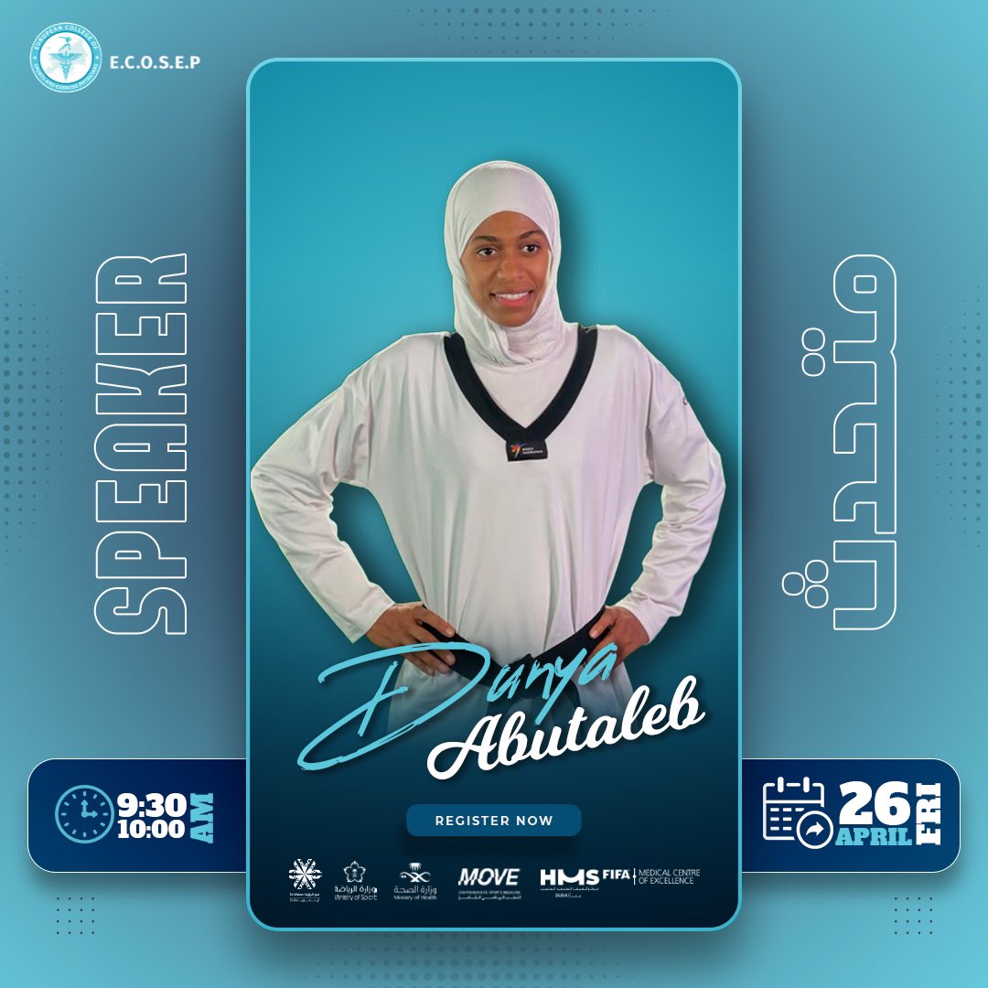 بطلة التايكوندو <a href="/DunyaAbutaleb/">دنيا أبو طالب</a> 🥋

دنيا أبوطالب متحدثة في أكبر مؤتمر عالمي بمجال الطب الرياضي والمقام في الرياض؛ المؤتمر الثامن للجمعية الأوروبية لطب و علوم الرياضة #ECOSEP 🎙️