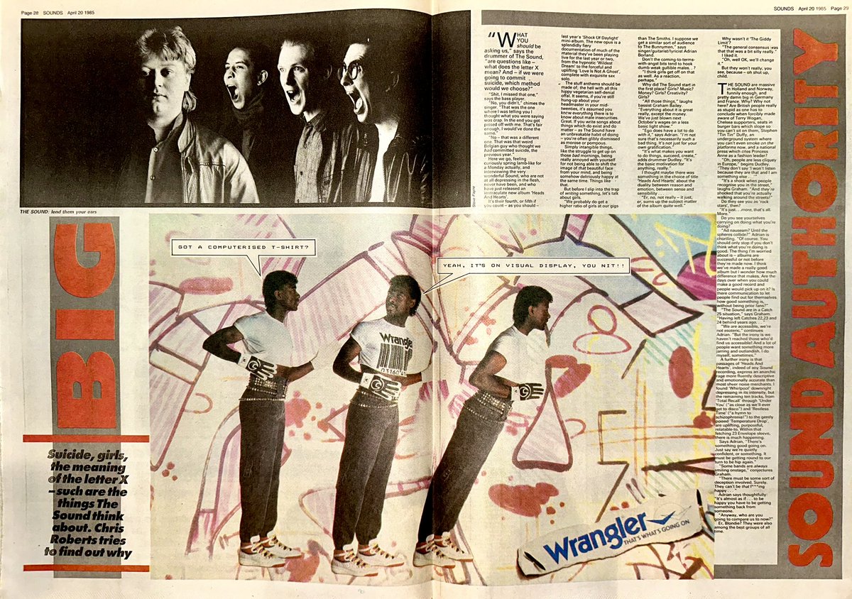 Centre page feature on The Sound, the South London Post Punk band.

Chris Roberts checks in with Adrian Borland and the band, discussing the recurring issue that critical acclaim does  not necessarily equate to commercial success.

#TheSound 

Sounds Apr 20th 1985