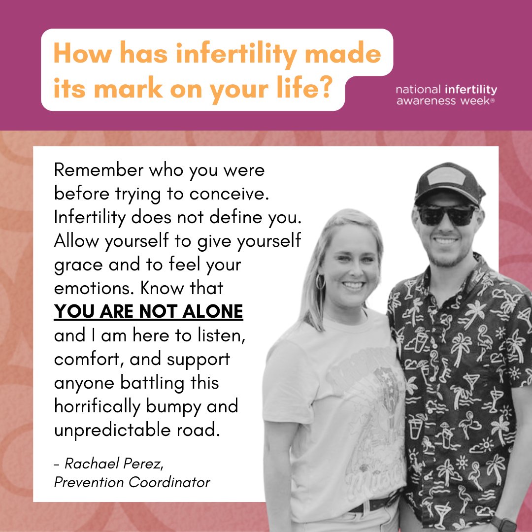 This week, April 21-27, is Infertility Awareness Week. It affects millions, taking a toll on mental health. One of our Prevention Coordinators, Rachael, bravely shares her story 🧡

#NIAW2024 #ReMARKableStories