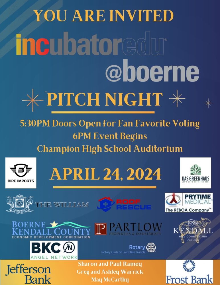 ‼️ Students from @SamChampionHS and @Boernehs will host the annual Incubator Pitch Night on Wednesday, April 24.   Students will present their business ideas to a panel of judges with an opportunity to win thousands of dollars in start-up funds.   See you there!