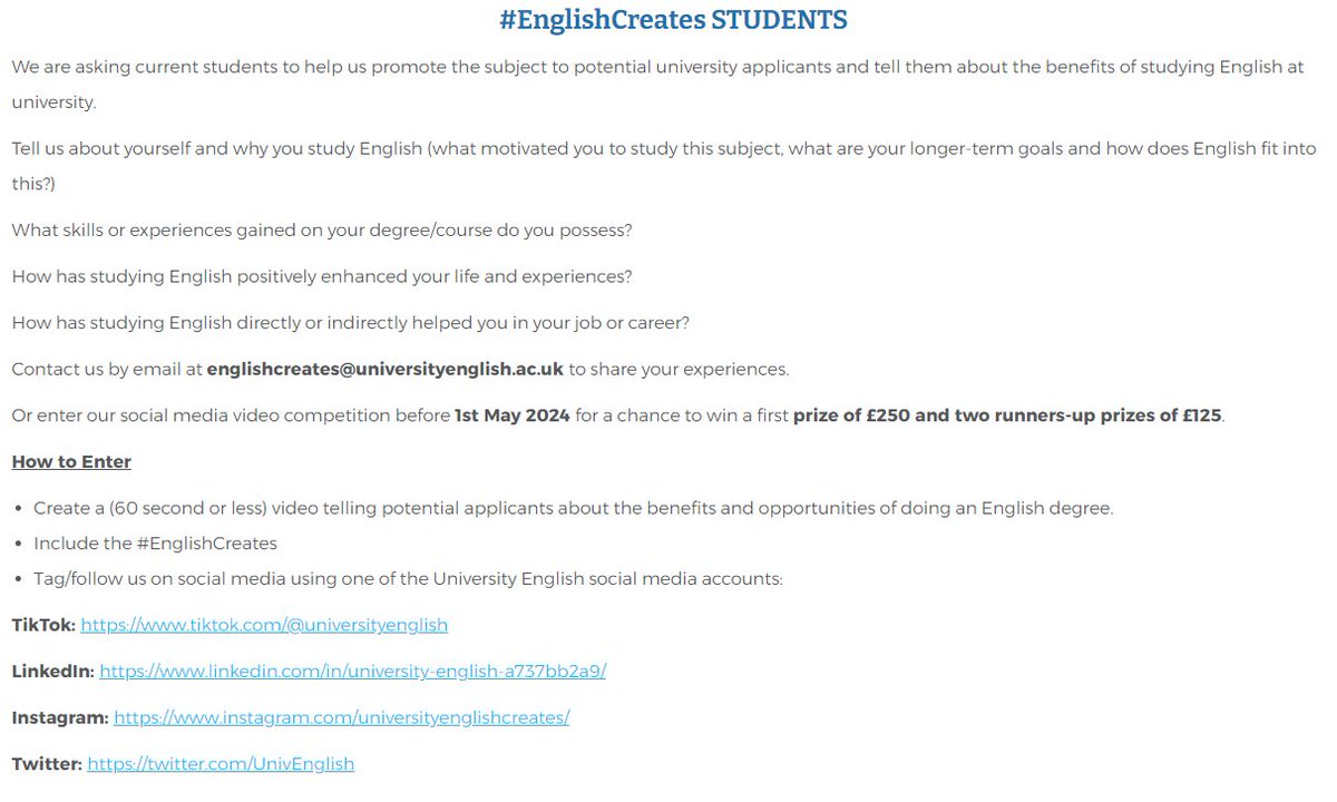 @UnivEnglish is asking current students & graduates to promote the subject to potential applicants and tell them about the benefits of studying English at university. Follow the link for more info, including how to win £250 universityenglish.ac.uk/englishcreates… #EnglishCreates