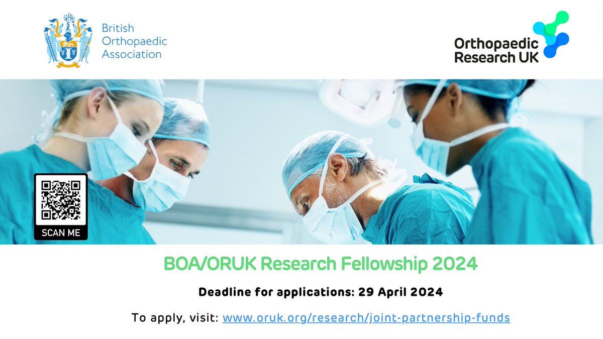 Less than a week is left to apply for one of our joint fellowships with @BritOrthopaedic. Up to £65k will be available for a project in any area of orthopaedics. Applications close on 29 April 2024. Find out more: bit.ly/orukjpf #InvestinginOurFutureMovement