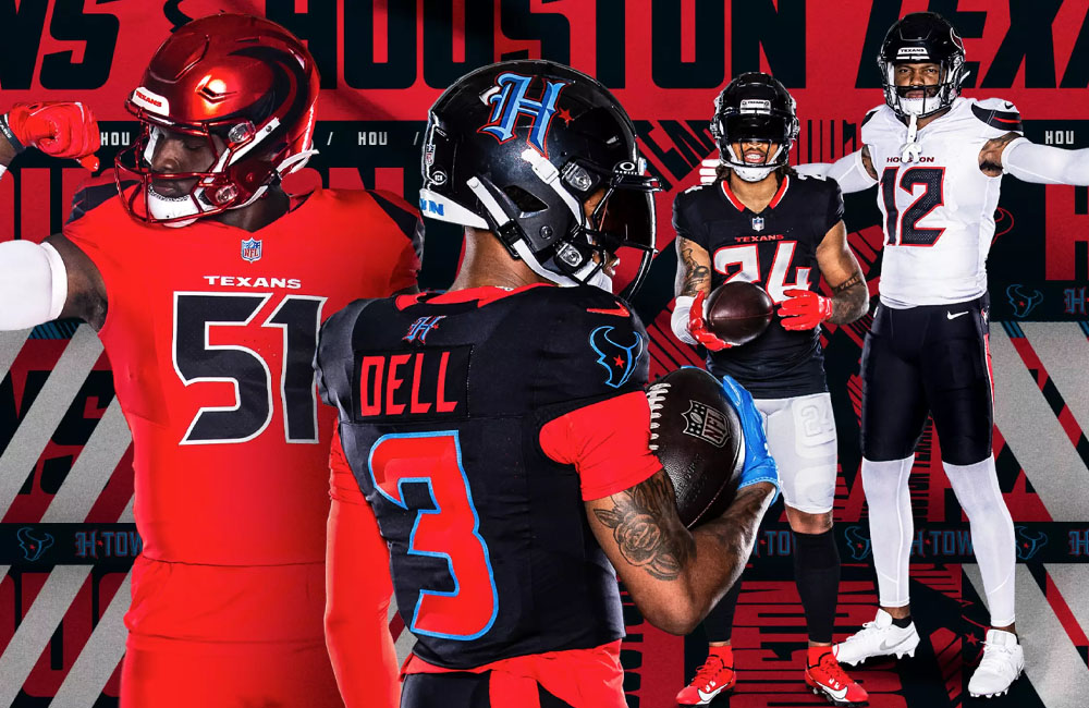 Check out these new uniforms for the Houston Texans! Includes a brand new red-horned helmet and a new 'H' ColorRush helmet.

Full story, a bunch of pics here: news.sportslogos.net/2024/04/23/hou…