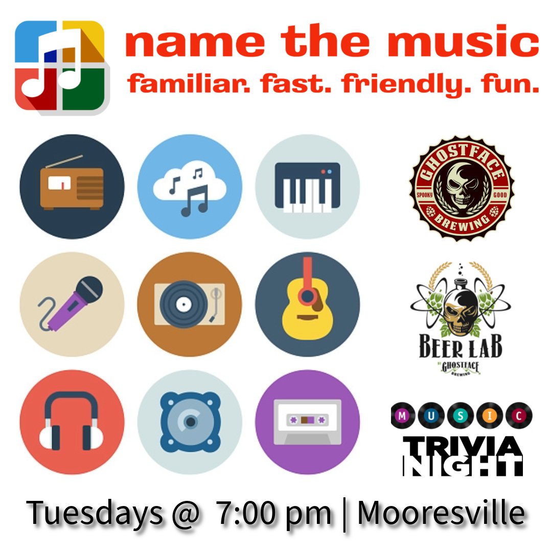 Who says you have to wait for the weekend to unwind and have a good time.  Every Tuesday you can come alive after your 9 to 5 playing @name_the_music trivia with your friends at the Ghostface Brewing Social District in #MooresvilleNC @ 7:00 pm. #1forfun #musictrivia #GameOn!