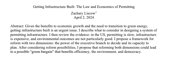 A number of interesting nuggets I liked from @ZLiscow's new paper proposing a permitting reform 'Green Bargain,' which I highly suggest you read. 1/n