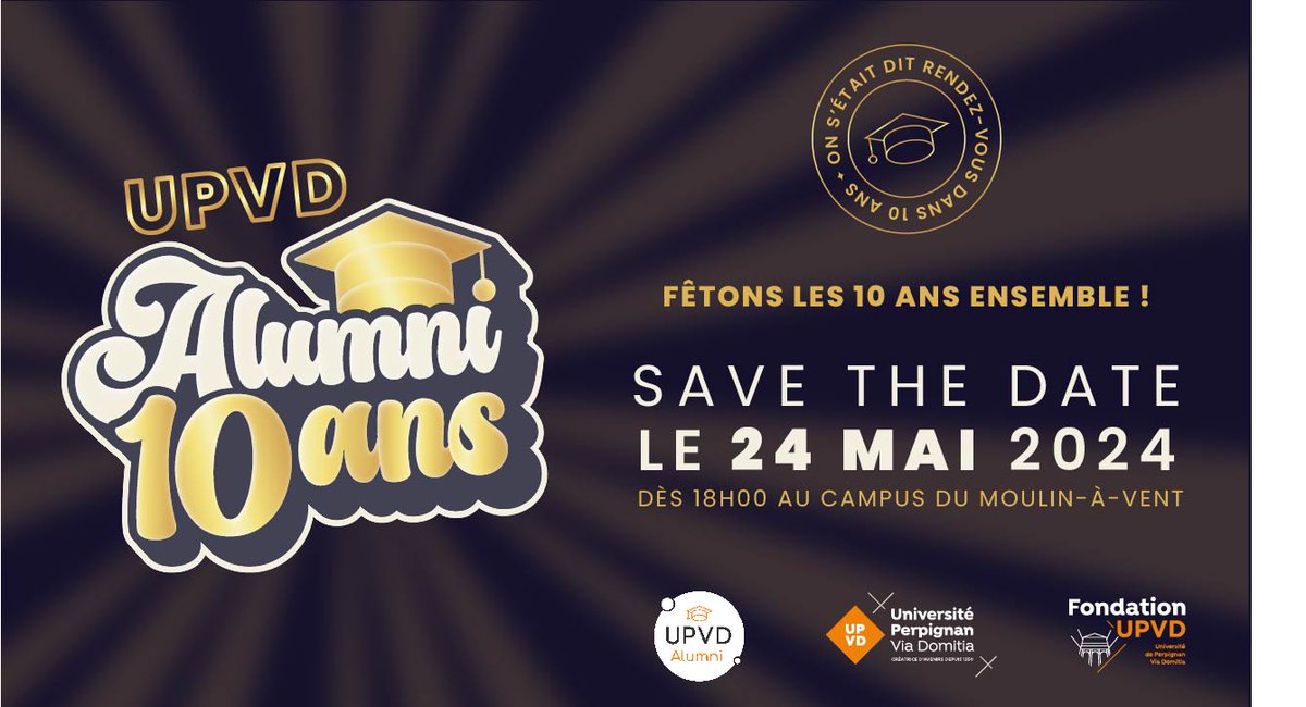 La grande soirée approche à grands pas ! 🎉 Tous les anciens étudiants, membres du réseau @UPVDAlumni et partenaires de l'#UPVD sont invités à venir célébrer, ensemble, cette décennie comme il se doit ! N'oubliez pas de vous inscrire ! 👉 upvd-alumni.fr/about