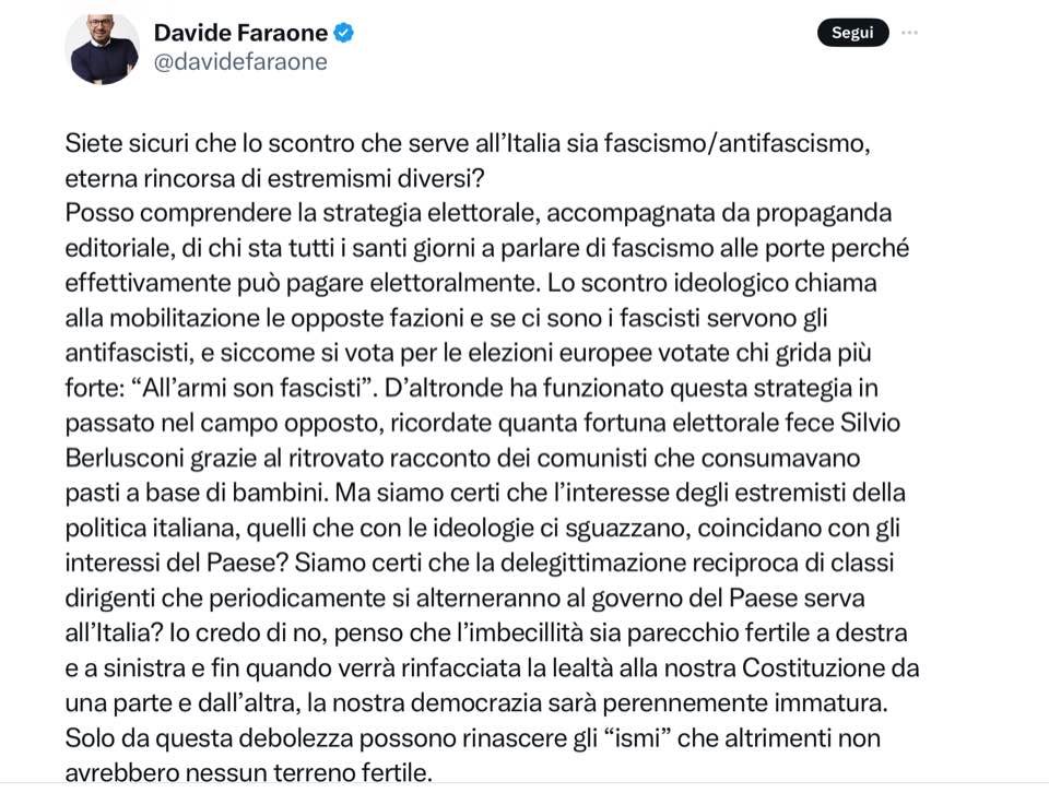Qui è dove Faraone, Italia ‘viva’, scrive che l’antifascismo è estremismo. I renziani verso il #25aprile.