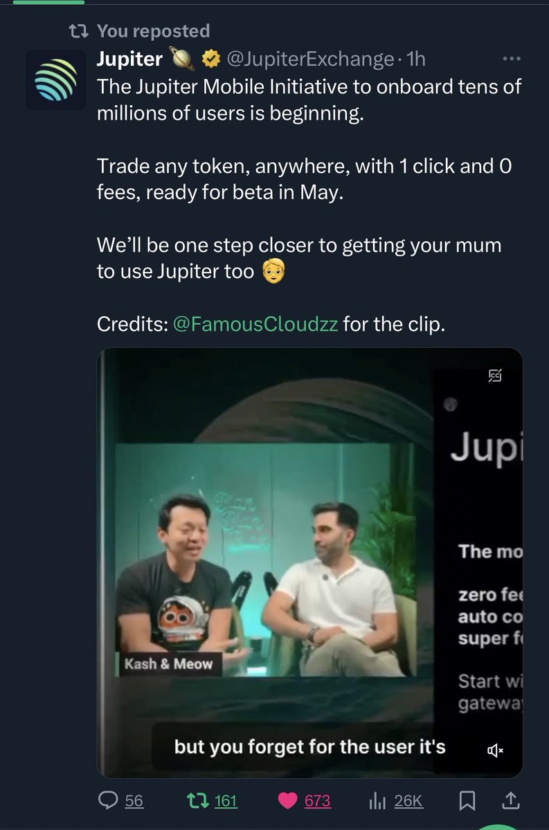 Jupiter being one of the biggest platforms in crypto, just posted my edit & gave me credit 

what a time to be alive…