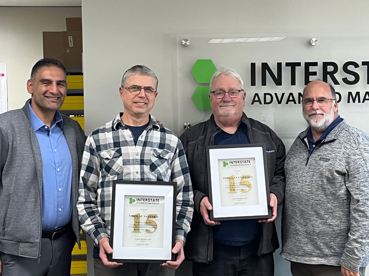 Congratulations to Nikolay Sayenko (left) and Doug Stafford (right) for reaching their 15-year anniversaries with Interstate Advanced Materials. We look forward to their ongoing contributions and achievements with us!
#workanniversary #teamrecognition

interstateam.com/?utm_source=x&…