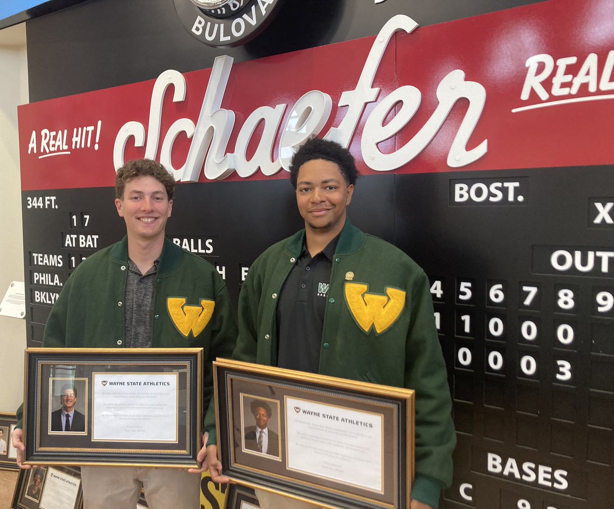 Graduating @waynestbaseball seniors Seth Marano and David Thurman recently recognized. Special photo considering both of their fathers are also Wayne State student-athlete alumni. Job well done. Graduate and Win! @waynestate