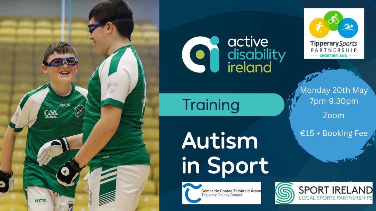 𝗔𝘂𝘁𝗶𝘀𝗺 𝗶𝗻 𝗦𝗽𝗼𝗿𝘁 𝗼𝗻𝗹𝗶𝗻𝗲 𝘄𝗼𝗿𝗸𝘀𝗵𝗼𝗽 TSP are delighted to be hosting Autism In Sport Online Workshop 📅Monday 20th May ⏰7pm – 9.30pm €15 plus booking fee 🔗 tipperarysports.ie/content/autism… #BeActiveTipperary #InclusiveSports