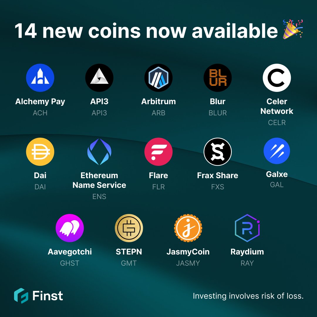 🚨 NEW COINS 🚨
 
We've just added 14 new coins to the Finst platform. As of today, you can invest in the following coins 👇
 
Now you can invest in a total of 110 cryptocurrencies while benefiting from market leading fees of 0,15% per trade.
 
#crypto #newcoins #cryptoexchange