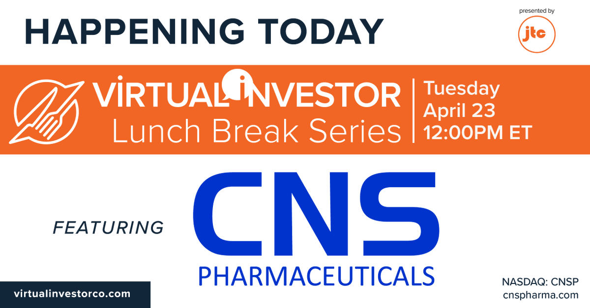 Grab your lunch and get ready for our Virtual Investor Lunch Break: The CNSP Opportunity happening today at 12 PM ET! Register here: bit.ly/44efENZ @CNS_Pharma $CNSP #GlioblastomaMultiforme #GBM #Oncology