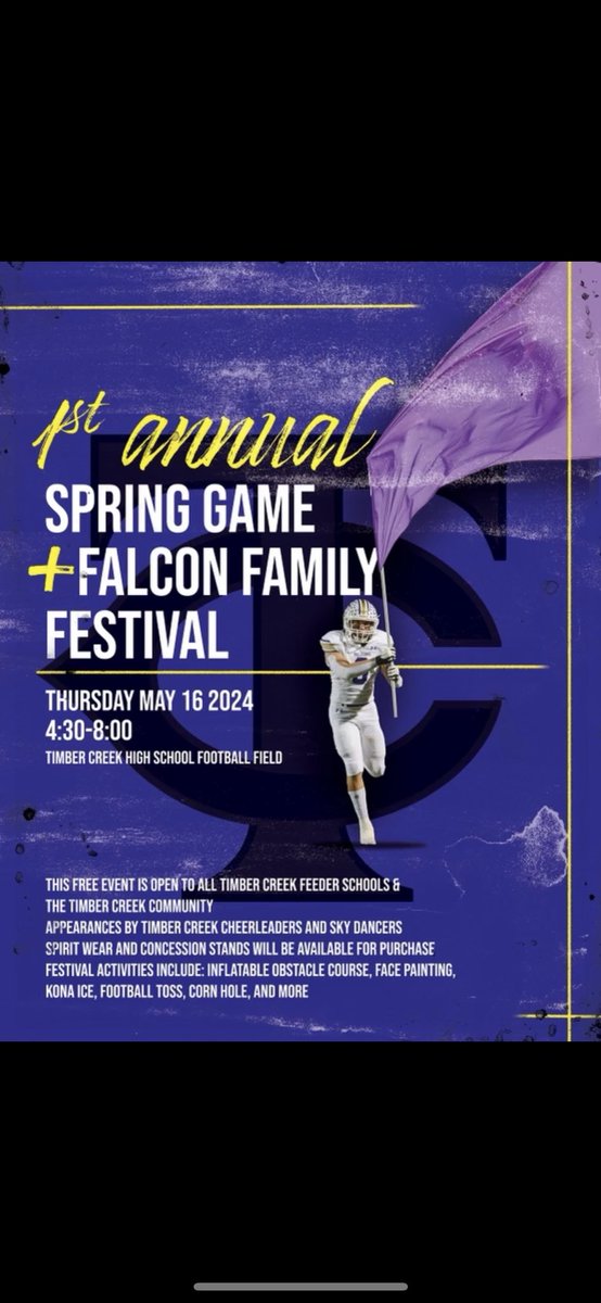 Falcon family,
Save the date! Come out to the spring game and family festival, May 16th! Come watch some football and enjoy other family activities! Hope to see everyone there! #CreekIsRising #TCOD