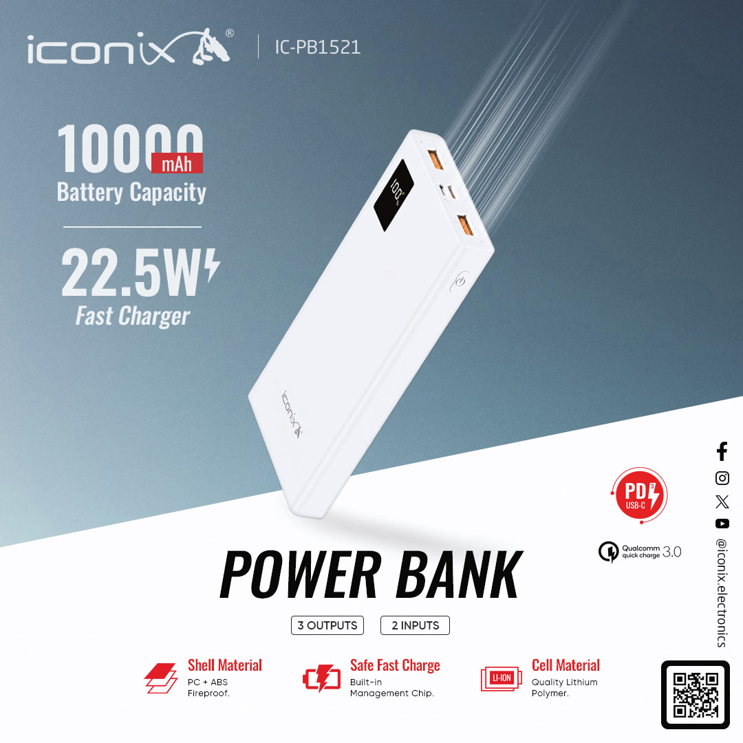 iconix_electron's tweet photo. #ICONIX #Fast #Power_Bank 22.5W With Capacity 10,000mAh, Two Inputs And Three Outputs, Model IC-PB1521

New PD Technology is Much More PowerFul. https://t.co/kxoxXh8sqW