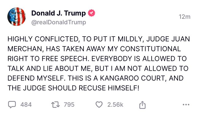 Trump is now complaining about the judge (which he is allowed to do) following a contentious hearing over whether he violated the gag order. He says he’s not allowed to defend himself, though the gag order bars him from attacking witnesses, prosecutors or commenting on jurors.