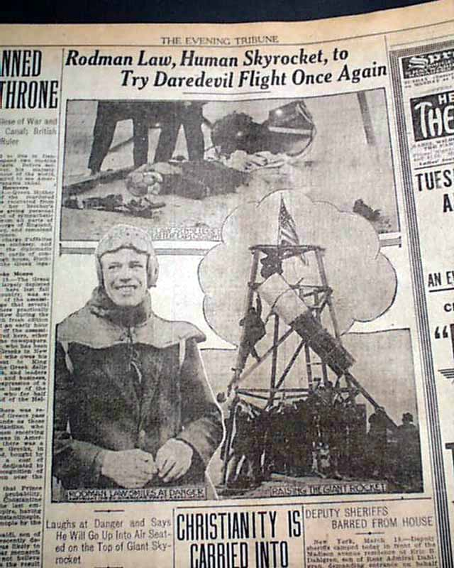 Stuntman Rodman Law survived his brief 1913 rocket flight, but was badly injured the next year while parachuting from a balloon, ending his career. He joined the fledgling US Army Aviation Corps in 1917, but this proved his doom: he contracted TB while training at Kelly Field.