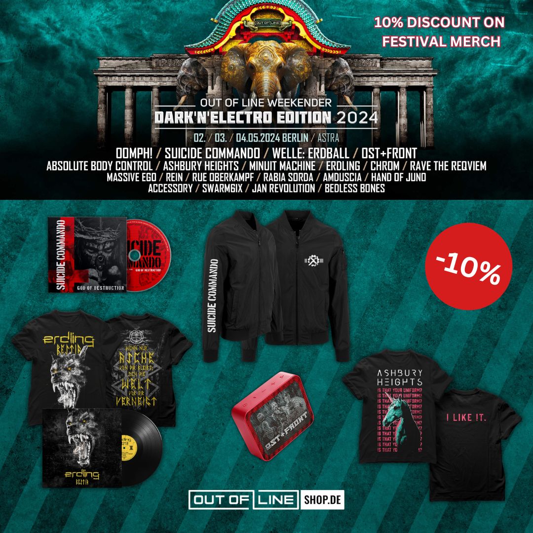 ‼️ 10% Discount on all Festival Merchandise‼️ Only 1 week until our Out Of Line Weekender Berlin🤘 To make sure you're well equipped for the festival, we give you 10% off all festival-related merchandise 👉 Gear up now: outoflineshop.de/weekender