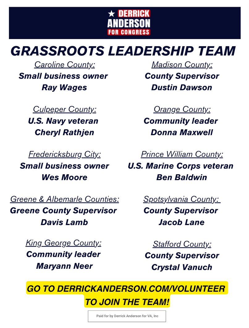 🚨🚨 Announcing our #VA07 grassroots leadership team!

Thanks to everyone who is stepping up and pitching in!

If you want to join our team, go to DerrickAnderson.com/volunteer.