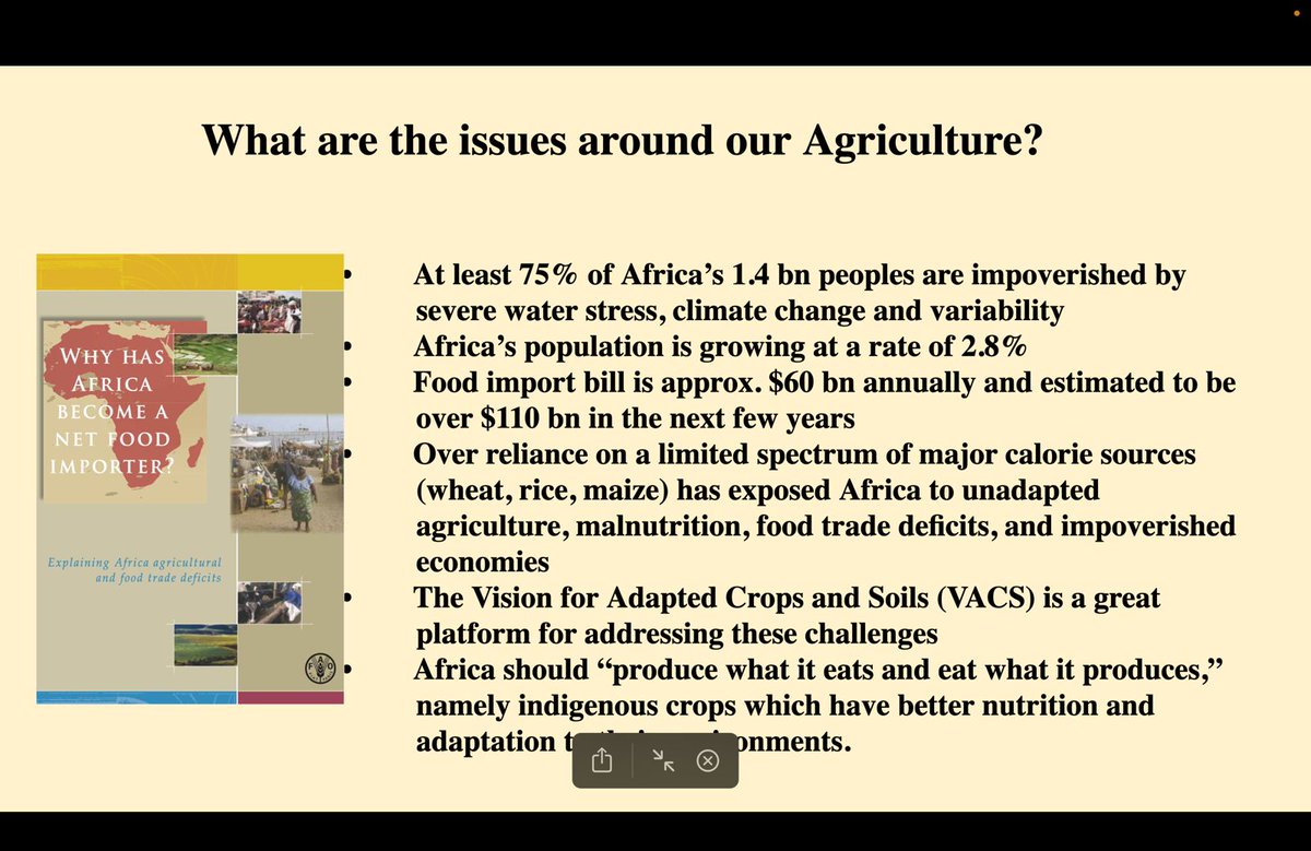 Over reliance on a limited spectrum of major calorie sources like wheat, rice and maize has exposed #Africa to unadapted #agriculture, #malnutrition, food trade deficits and impoverished economies -Prof @cegesi #VACS CoP @FAO @CaryFowler_ @USAID @_AfricanUnion @FAO @NGfmafs