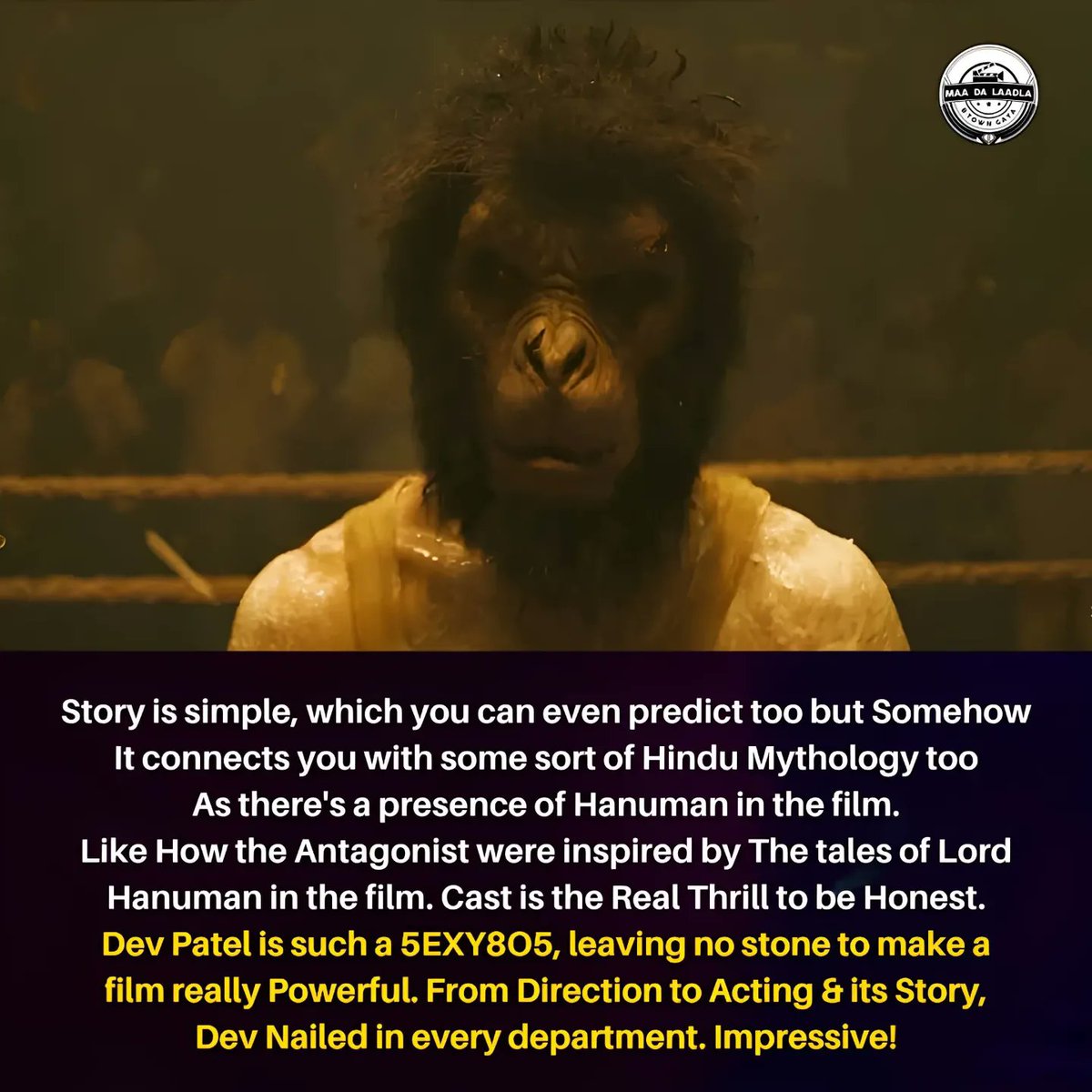 maadalaadlahere's tweet photo. #MonkeyManReview: Badass 'Desi' Revenge Drama from the streets of #Hollywood! 🔥🔥🔥

Rating: 3.5*/5 ⭐⭐⭐💫 #MonkeyMan #MonkeyManMovie 

@UniversalPics @Monkeypaw @BronStudios @monkeymanmovie #DevPatel https://t.co/S93V6QK8LL