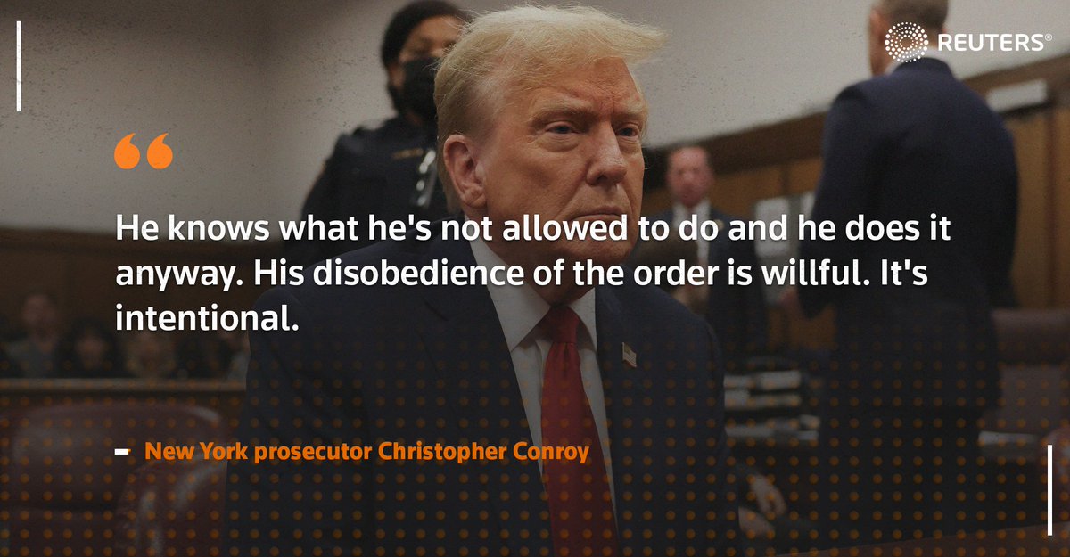 Prosecutors asked the judge overseeing Donald Trump's criminal hush money trial to fine the former US president $10,000 for violating a gag order that prevents him from criticizing witnesses and others involved in the case reut.rs/49OhkyW