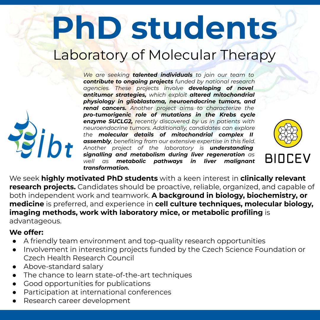 Institute of #Biotechnology, Czech Academy of Sciences @IBT_CAS seeks for talented #PhD students – Laboratory of Molecular Therapy: researchjobs.cz/L1Mmv

#biology #biochemistry #medicine #cellCulture #molecularBiology #imaging #PhDjobs #PhDinCzechia 

CC: @BIOCEV_science