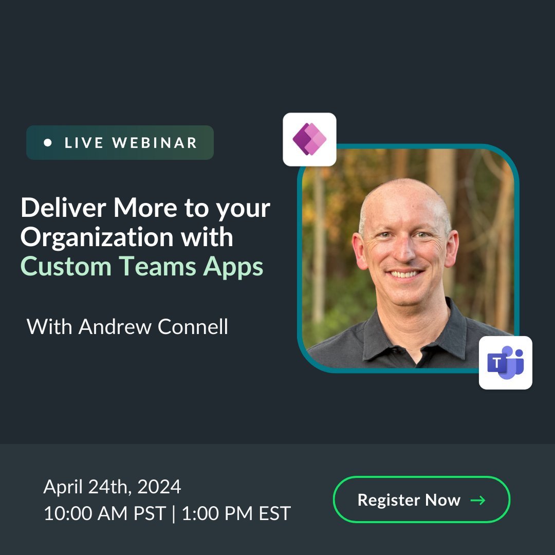 ⏰ Starting in 2.5 hours!

Join @andrewconnell  as he share the process, pros and cons, of developing custom Teams apps as an alternative to #PowerApps!

Register here: hubs.ly/Q02tML_w0

#Microsoft365Dev #FullStackDev #MSTeams #Microsoft365 #M365 #MVPBuzz