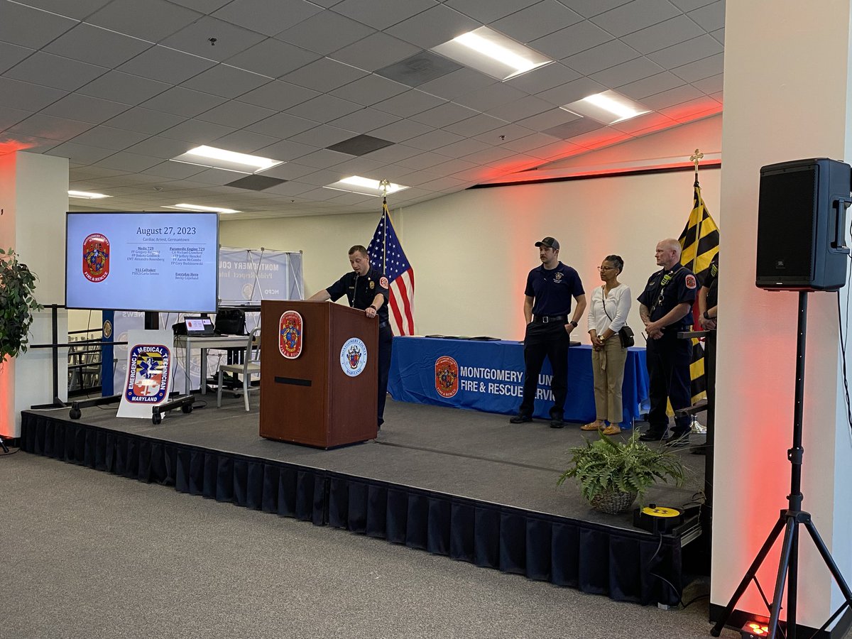 mcfrsPIO7's tweet photo. Day 2 of MCFRS recognizing our providers, law enforcement partners and citizens in the excellent live saving care to the citizens of the County. Chain of Survival consists of 4 steps- early call for help (911), CPR, early defibrillation, and advanced life support. @mcfrsPIO https://t.co/T2j5FBC74z