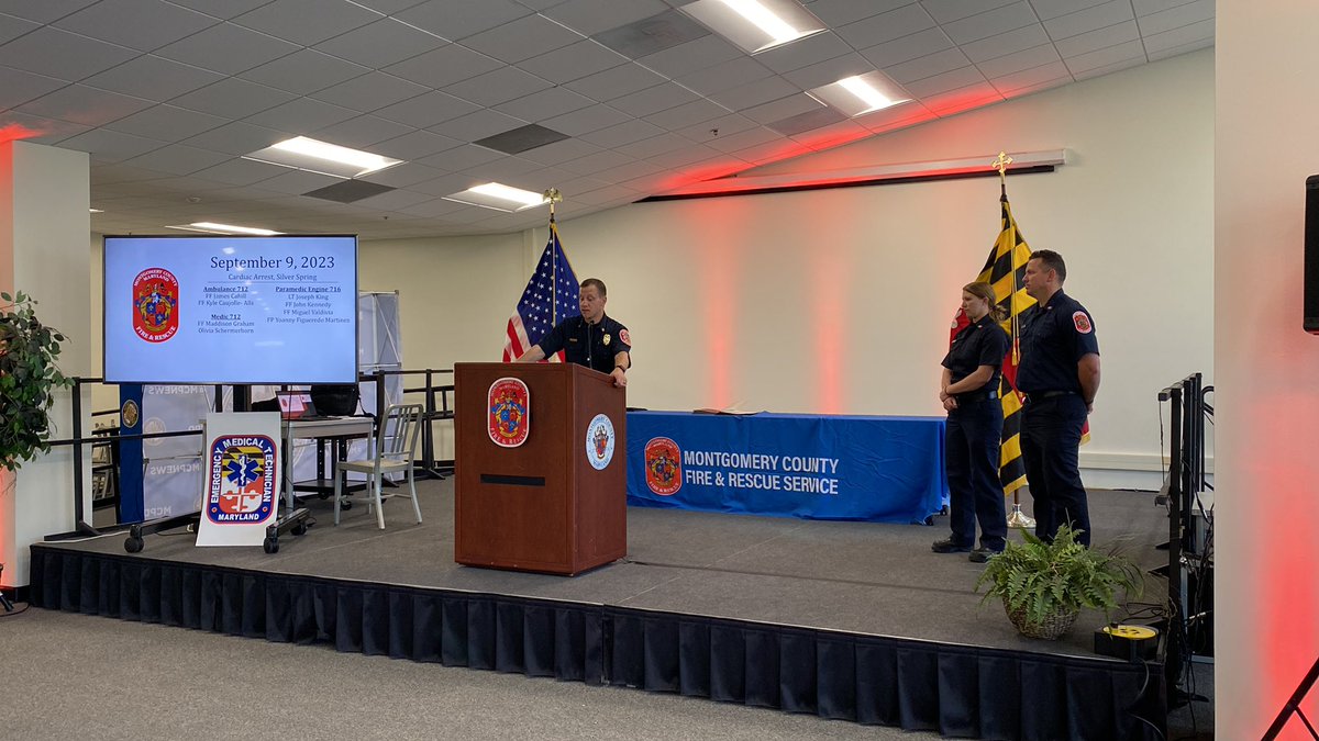 Day 2 of MCFRS recognizing our providers, law enforcement partners and citizens in the excellent live saving care to the citizens of the County. Chain of Survival consists of 4 steps- early call for help (911), CPR, early defibrillation, and advanced life support. @mcfrsPIO
