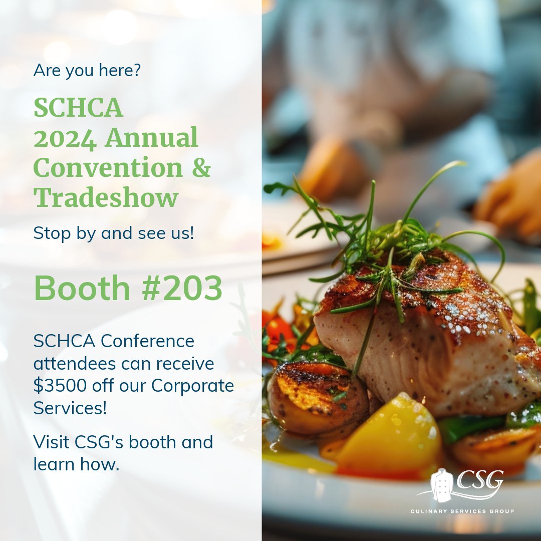 Are you currently at the SCHCA 2024 Annual Convention & Tradeshow? Come see us at booth 203! Our recipe for success starts with fresh, high-quality ingredients that are locally sourced. 

#SCHCA #foodservice #foodmanagement #culinaryservices #culinaryservicesgroup