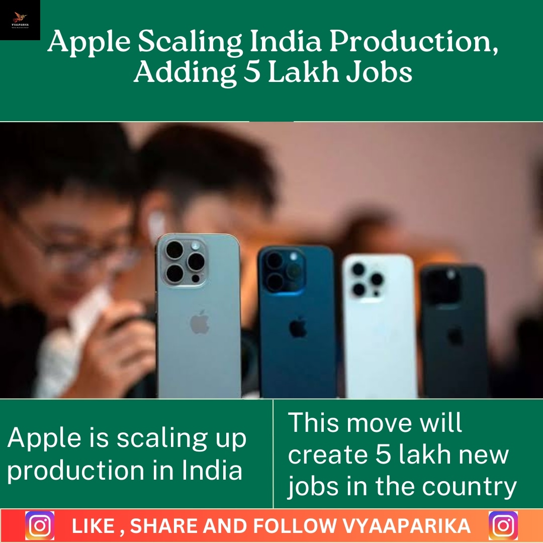 vyaaparikaa's tweet photo. "Apple boosts India production, plans 5 lakh jobs #AppleIndia #JobCreation #TechGrowth #EconomicBoost #IndustryExpansion" https://t.co/MeCRW8NMUX