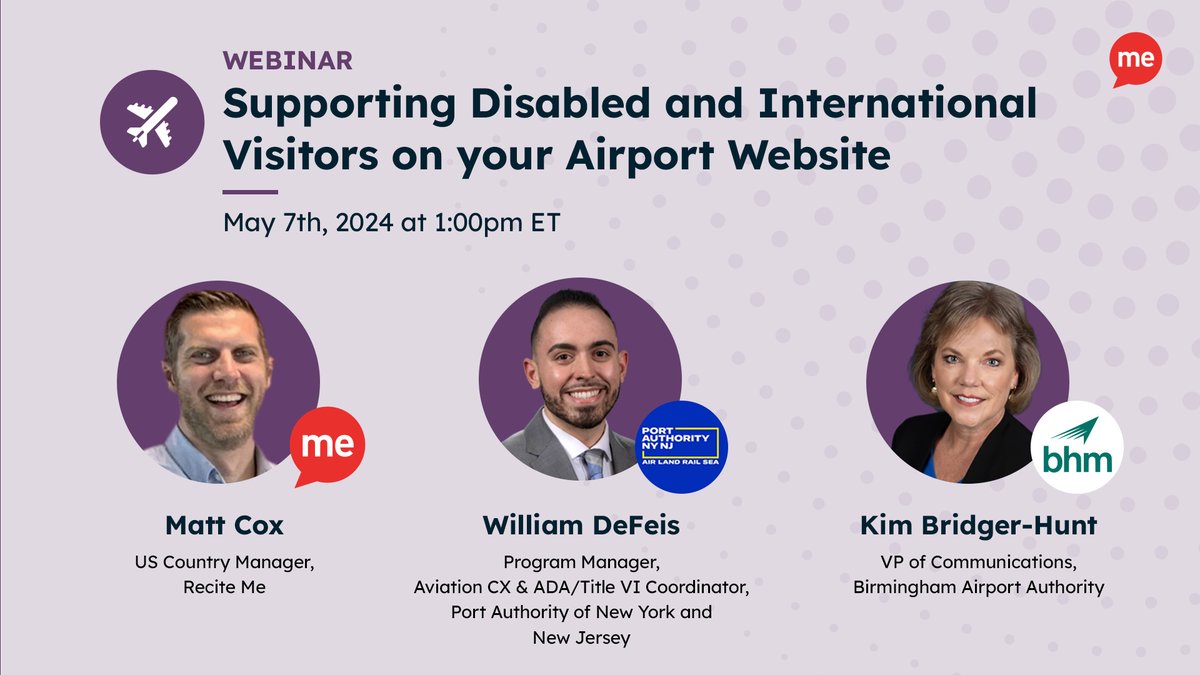 Are you ready to better support disabled and international visitors on your airport website? Register for our upcoming webinar to get started 👇

eu1.hubs.ly/H08M0730

#Webinar #Airport #AirportOperations #InclusiveTravel #Airline #Aviation