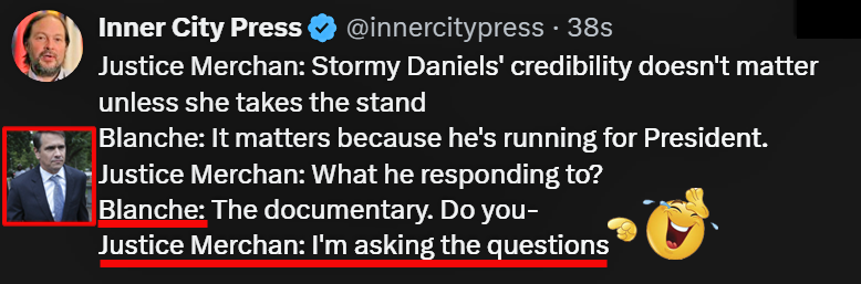 Judge Merchan, 'I'm asking the questions...' Trump lawyer Blanche trying to take charge, gets shutdown quickly.