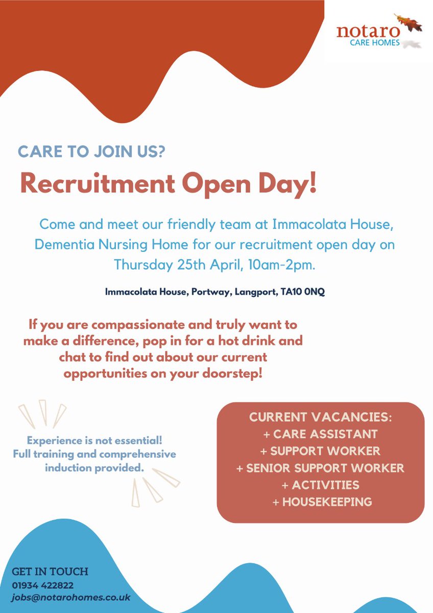 We're throwing open our doors for a Recruitment Open Day this Thursday 25th April, 10am to 2pm, and we'd love for you to swing by!
Join us at Immacolata House, Portway, Langport, TA10 0NQ, and let's chat about your future at Notaro Care Homes!
Spread the word and see you there!