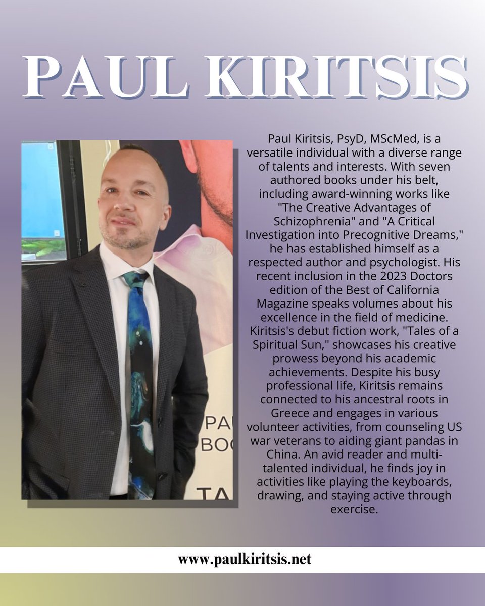 PaulKiritsis's tweet image. Meet Paul Kiritsis, PsyD, MScMed: a versatile author with seven acclaimed books, including &apos;The Creative Advantages of Schizophrenia&apos; and &apos;A Critical Investigation into Precognitive Dreams.
.
#spiritualsuntales #mythnarratives #bookintro #drpaulkiritsis #shortstories