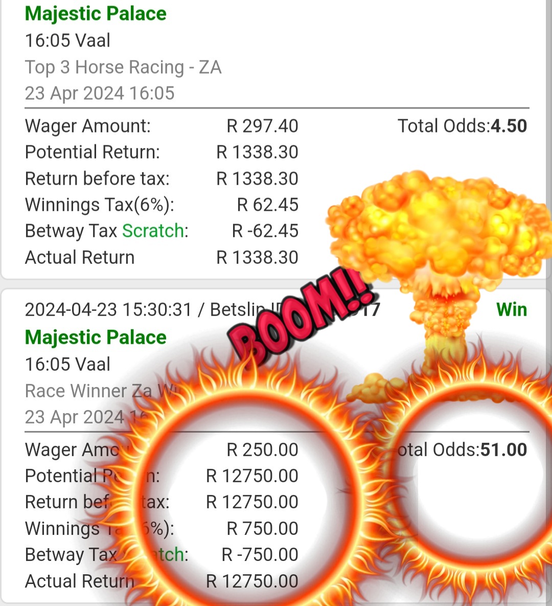 MyBigBets1's tweet photo. @Mrpunter77 BOOM BOOM🍏🍏

💰💰💰50/1 DIRECT WIN💰💰💰
🏇🏻🏇🏻🏇🏻R20K BOOM  BOOM🏇🏻🏇🏻

#Mybigbets1 #mybigbets #HorseRacing
#4acing #capetwon #caperacing #SouthAfrican #bettingtwitter #biggie #20k https://t.co/GnV7bGkEIY