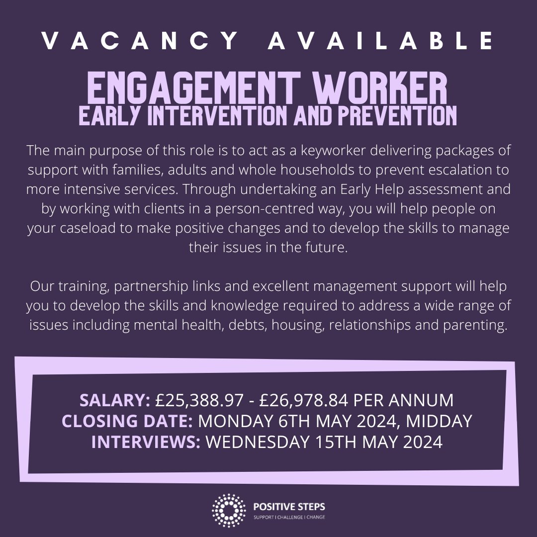 🚨 We're looking for an Engagement Worker to join our Early Intervention and Prevention team! If you're interested in this position, you can apply here & read more 👉 ow.ly/Tq1T50Rmbn5 💜