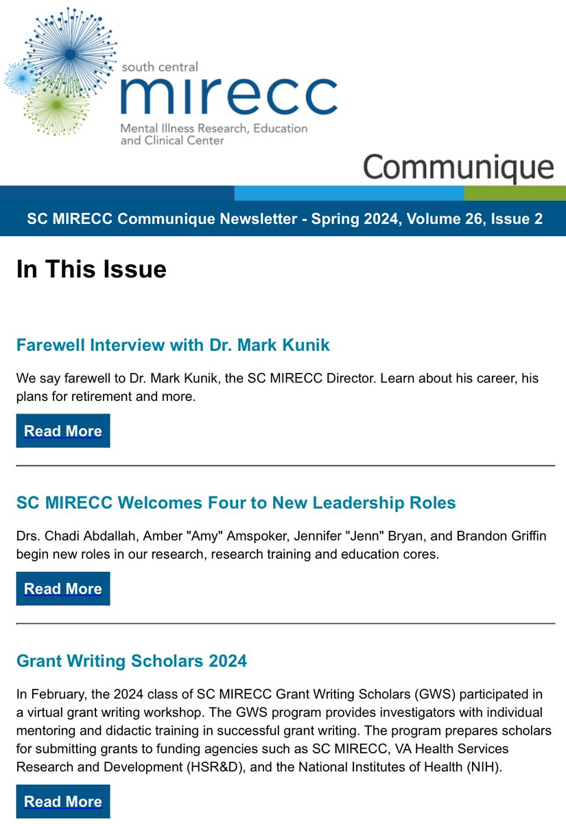 Our spring newsletter is here! This month we say farewell to our Director Mark Kunik as he retires and we welcome four to leadership positions. Also read about our new products, affiliate highlights and more! mirecc.va.gov/visn16/newslet…
