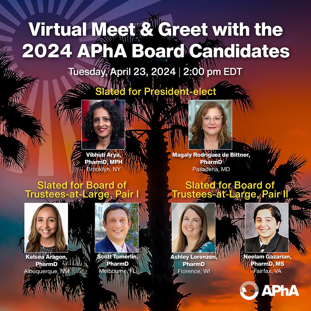Today is the day! Elections for the Board of Trustees, Academy leaders, and Special Interest Groups are here. Don't miss our virtual meet and greet today at 2:00 pm ET to chat with board candidates. Learn more: ow.ly/a2je50RmbgM 

#aphaelections24 #forpharmacy