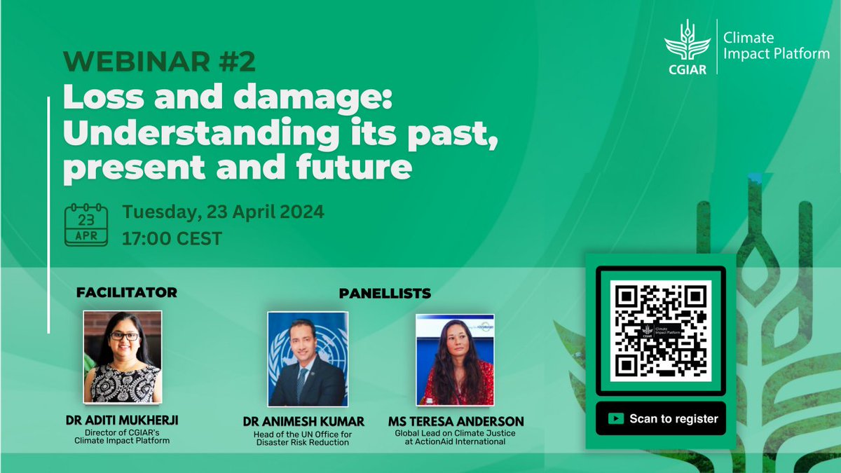 Climate change destroys communities, livelihoods, and cultures. How can we handle these losses and damages to ensure climate justice? 👥 JOIN our online webinar in a few minutes with our expert panel: on.cgiar.org/3TY3Cn2 Click here #ClimateChange #LossandDamage