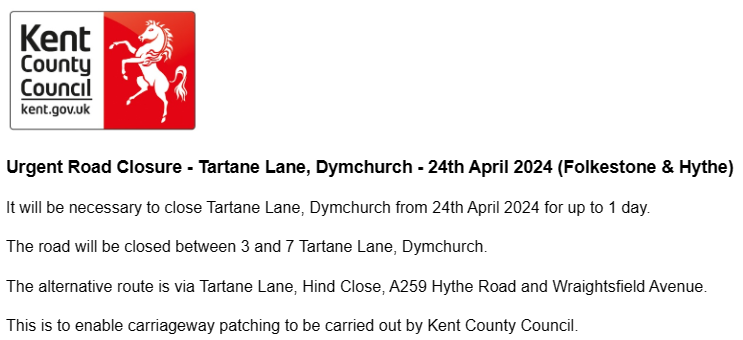 Dymchurch, Tartane Lane: Closed for 1 day on 24th April to allow for carriageway patching by @KentHighways : moorl.uk/?7vjsz6