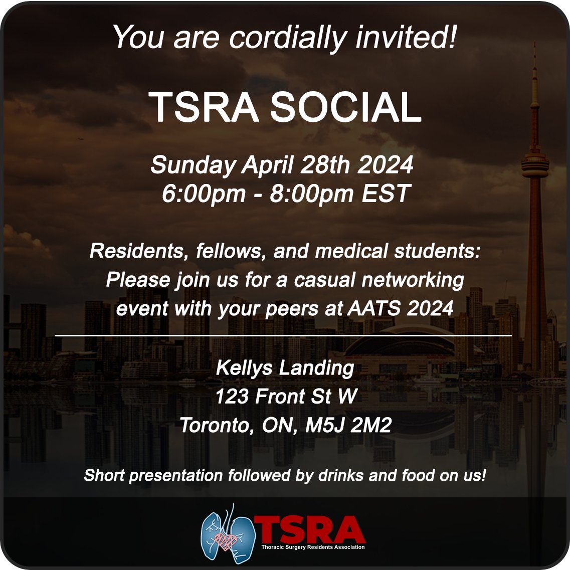 Join us this Sunday at #AATS2024 in Toronto for our TSRA mixer. Open to all residents, fellows and medical students. Free drinks and food, only a short walk from the Metro Convention Center!