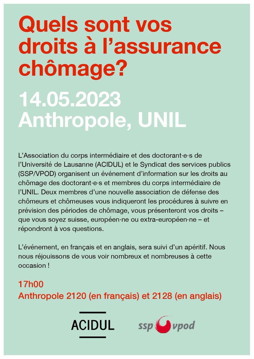 Vous vous posez des questions sur vos droits au chômage comme doctorant.e ou chercheur.euse à l'<a href="/unil/">Université de Lausanne</a>? Deux militant.e.s d'une association de défense des chômeur.euse.s présenteront le système suisse du chômage et donneront des conseils le 14 mai 2024 à 17h00 à l'Anthropole 😎