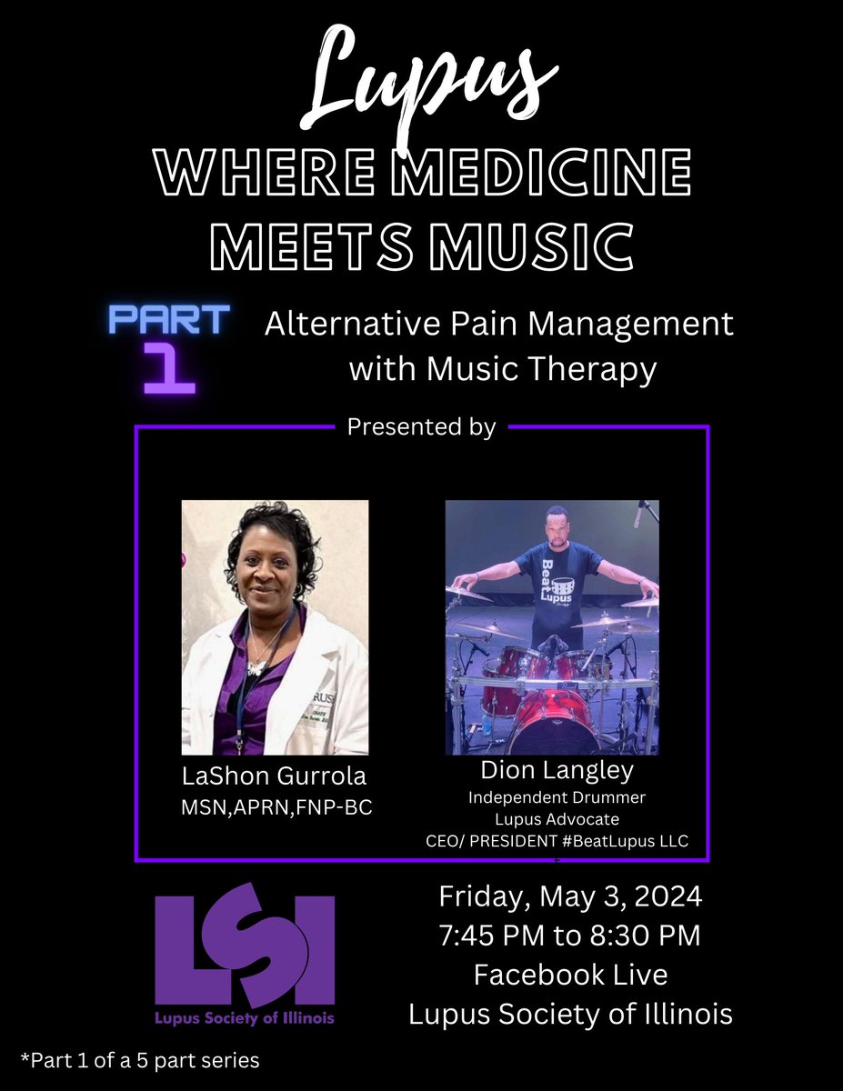 Facebook Live Event
ALTERNATIVE PAIN MANAGEMENT WITH MUSIC THERAPY 
May 3, 2024 | 7:45pm -8:30pm 

#lupus #lupusawareness #musictherapy #lupusadvocate #painmanagement